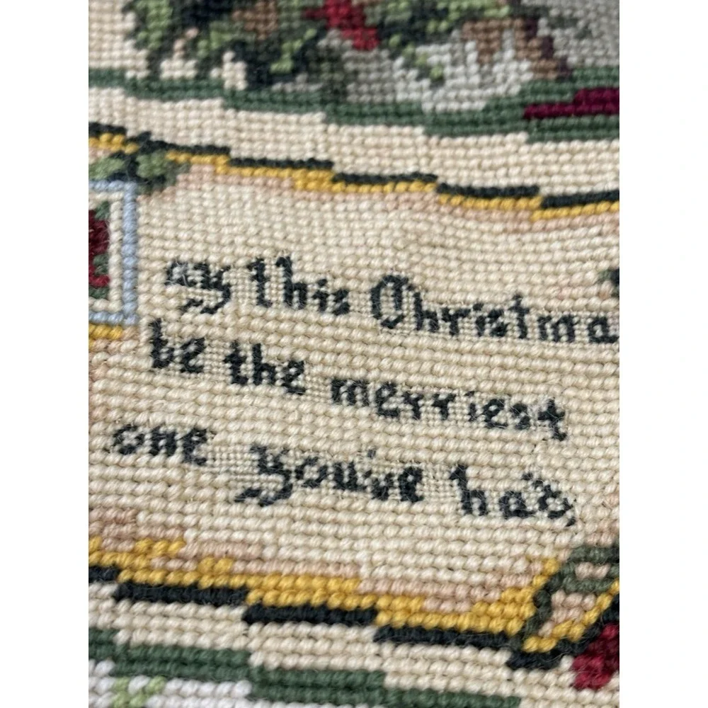 Vintage Needlepoint Hand Embroidered Christmas Stocking Wool Velvet Car 20